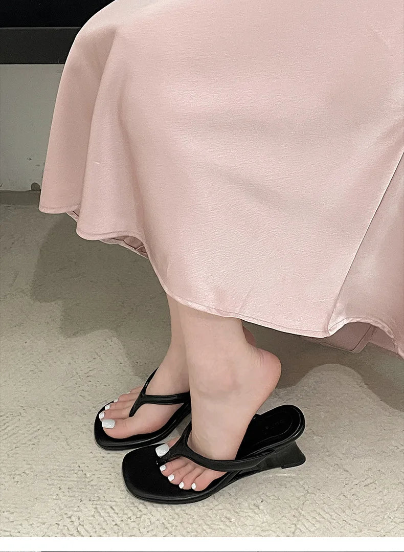 Women High-heeled Slippers 2025 Summer Clip Toe Flip Flop Fashion Pumps French Wedge Sandals Square Toe Ladies Shoes Sandalias