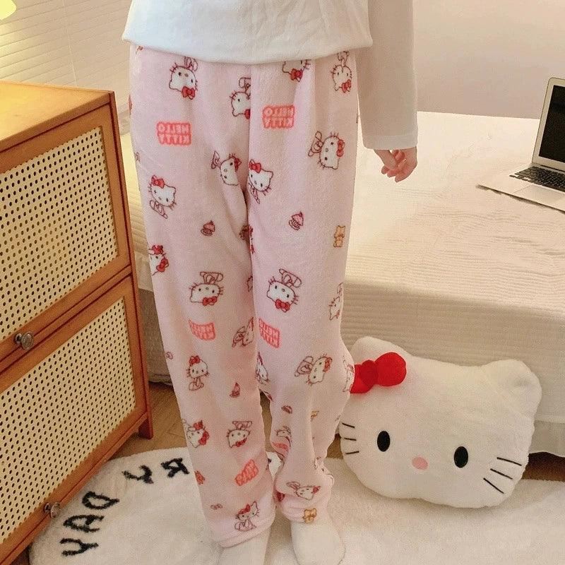 Thicken Hello Kitty Pajama Pants Sanrio Anime Fleece Double Elastic Fabric Soft Trousers Women Trousers Cartoon Birthday Gift