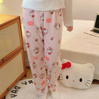 Thicken Hello Kitty Pajama Pants Sanrio Anime Fleece Double Elastic Fabric Soft Trousers Women Trousers Cartoon Birthday Gift