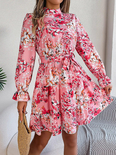 Spring Summer Flower Print Standing Neck Long sleeved Dresses for Women Ruffle Edge A-line Dress