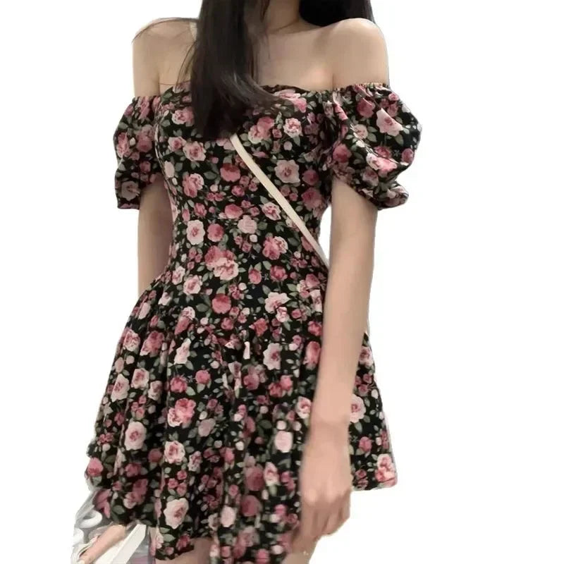 2025 New Short Mini Skirt French Style Bubble Sleeve Floral Dress Sexy Tea Break Small Stature Women Summer Dresses - Elanique