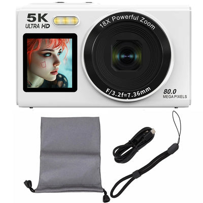 Digital Camera CCD Dual Screen Portable Digital Camera with18X Zoom 5K Vlogging Camera 80MP CCD Selfie Camera with 64GB Card