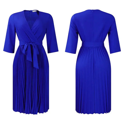 Elegant Office Dresses for Women Professional V Neck Full Sleeve Sashes Pleated Mid Calf Formal Business Work Wear Dress Midi OL