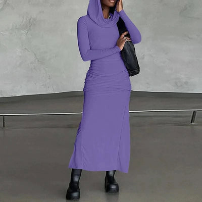 Hooded Long Dress For Women Y2k Clothes Sexy Streetwear Long Sleeve Bodycon Vestidos De Mujer Solid Robe Femme Été Back Split