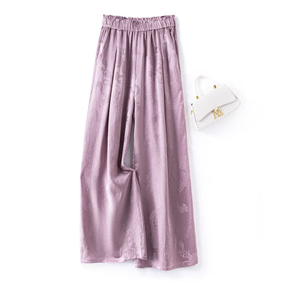 2025 Women's Fashion Spring New 100% Natural Mulberry Silk GuanLe Satin Fragrant Taro Purple High Waist Casual Wide Leg Pants