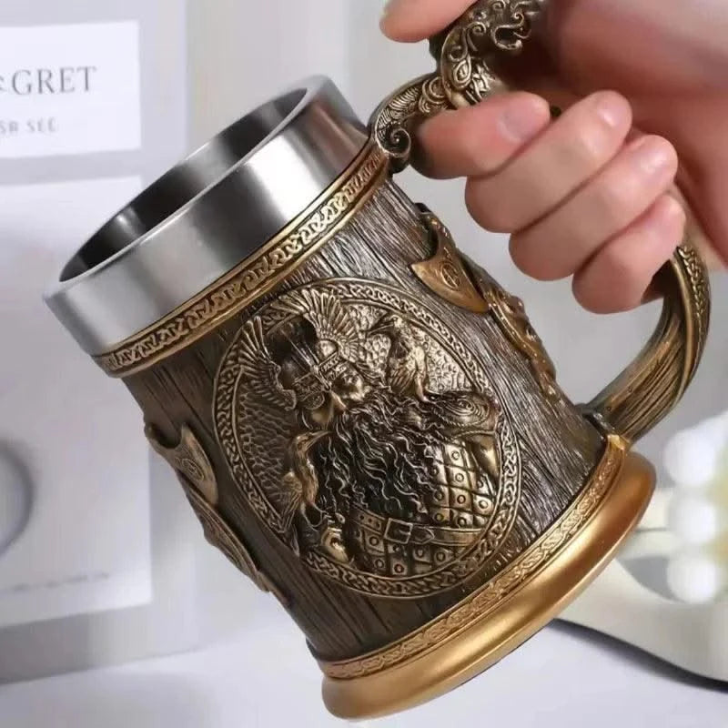 Coffee Beer Mugs Viking Retro 3D Personalized Stainless Steel Mug Big Capacity Water Cups Simulation Wooden Juice Cup Home Items