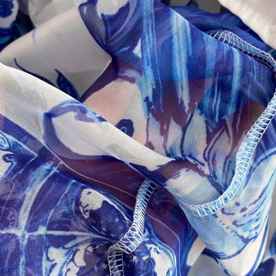 Women Clothing O Neck Flare Sleeve Large Swing Maxi Dress New Summer Bohemian Blue And White Porcelain Print Chiffon Vestidos