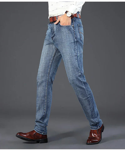 Mens Denim Pants Spring Casual Business Straight Fit Loose Elasticated Jeans Stylish Comfortable Pants for Work and Daily Wear