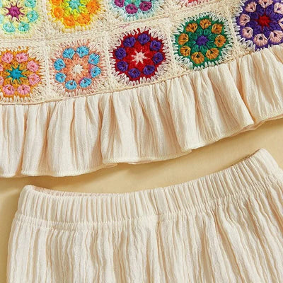 Toddler Girls 2 Piece Outfits Crocheted Flowers Fruit Ruffled Camisole and Elastic Pants Set Baby Children Summer Clothes