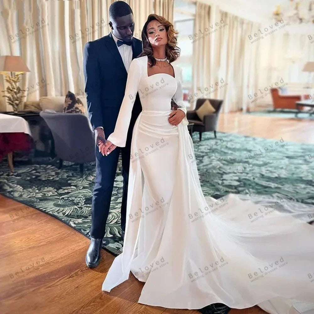 Elegant Wedding Dresses Satin Bridal Gowns Sexy Robes For Formal Party Full Sleeves Sweep Train Vestidos De Novia Customized