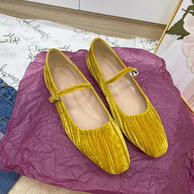 2025 Women Shoes Luxury Velvet Ballet Shoes Women Square Toe Flat Mary Janes Ladies Fashion Buckle Strap Velour Shallow Loafers