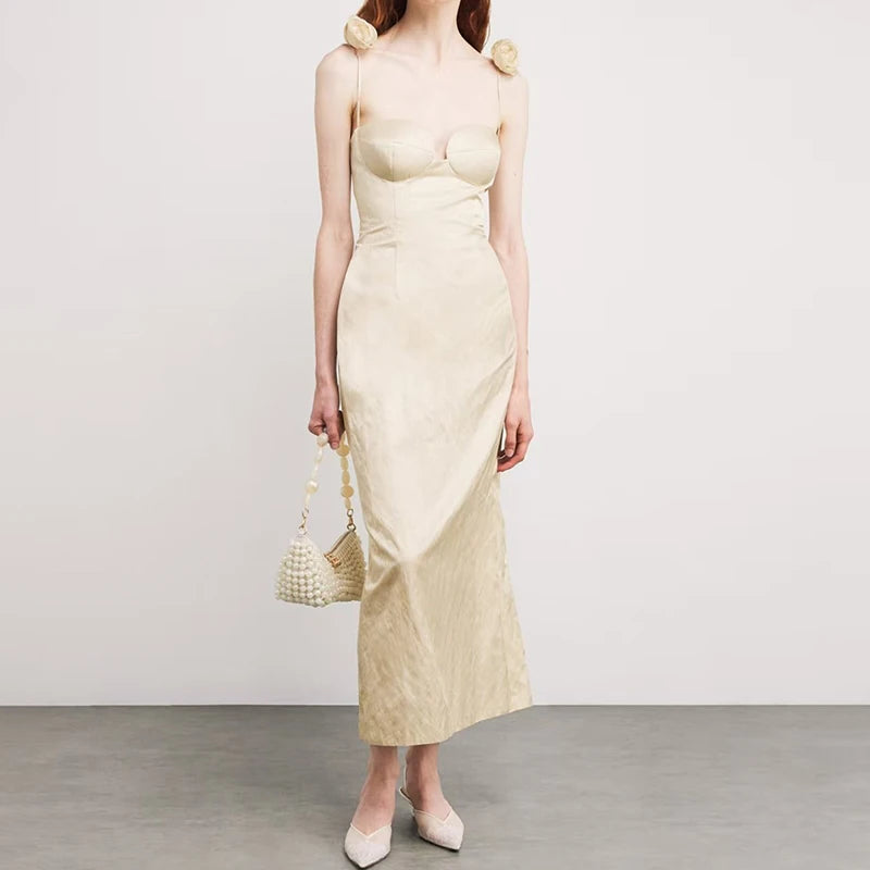 Women's dress New 3D flower decorated sleeveless long dresses for summer 2025 Sexy backless suspender midi dresses party dresses