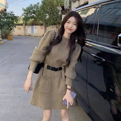 Korean Fashion with Belt Short Dress Women Vintage Long Sleeve Knitted Dresses Female 2025 New Loose Pocket Solid Basic Dresses