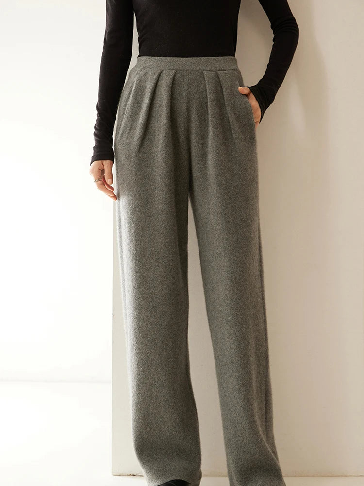 ADDONEE Women 100% Cashmere Pants Pleated Waist Wide Leg Pants Casual Simple Style Autumn Winter Cashmere Knit Trousers Luxury