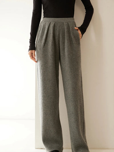 ADDONEE Women 100% Cashmere Pants Pleated Waist Wide Leg Pants Casual Simple Style Autumn Winter Cashmere Knit Trousers Luxury