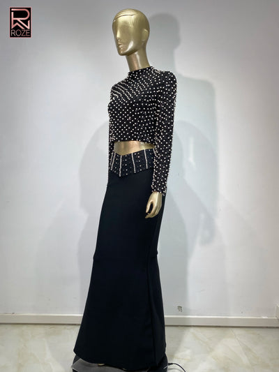 Women Luxury Pearl Sequin Embroidery Bandage Outfits Dress Long Sleeve Crop Top Long Flare Skirt 2 Pieces Set Evening Party