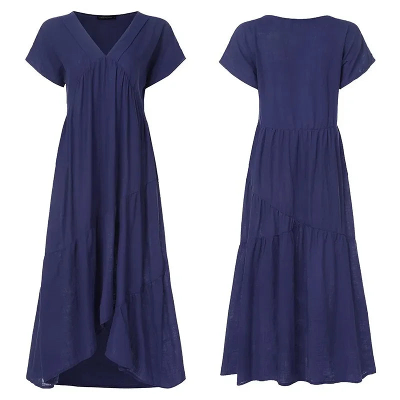 Cotton Linen Sexy V-neck Short Dress Summer New Women's Solid Color Multi-color Casual Loose Short Sleeved Mid Length Dress