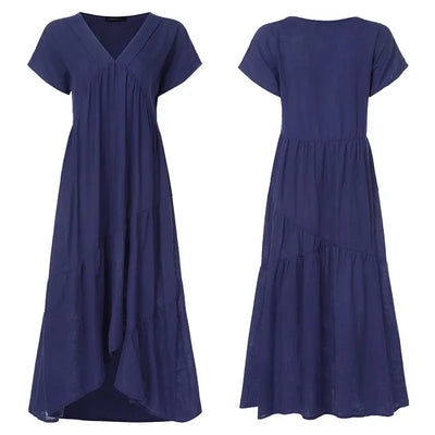 Cotton Linen Sexy V-neck Short Dress Summer New Women's Solid Color Multi-color Casual Loose Short Sleeved Mid Length Dress