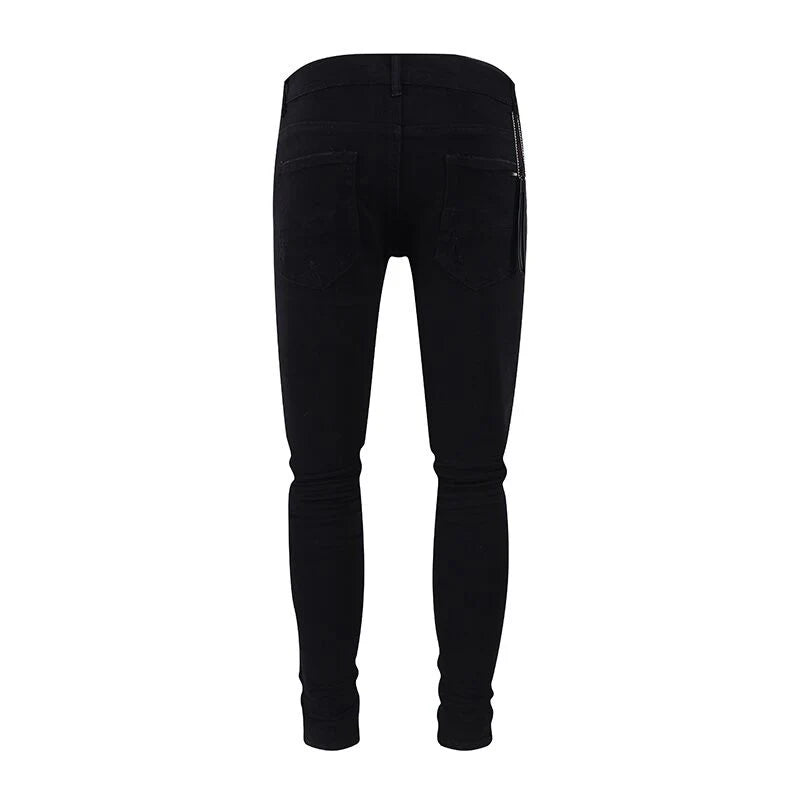 Fashion Designer Men Jeans High Quality Black Stretch Skinny Fit Leather Patched Ripped Jeans Men Y2K Brand Hip Hop Denim Pants