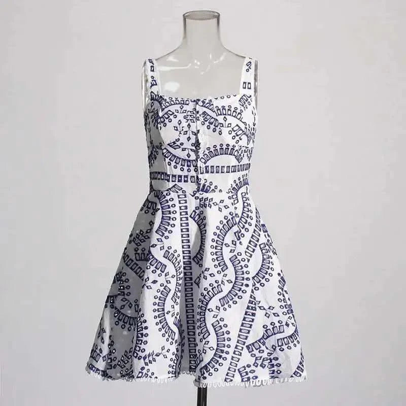 Summer Sundress Holiday Print Embroidery Cotton Short Cake Dress Women Sleeveless Tank Elastic Back Cocktail Party Vestidos