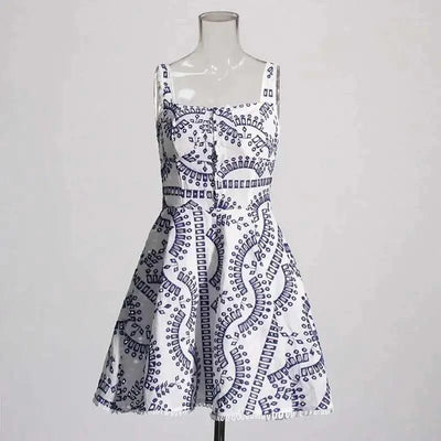Summer Sundress Holiday Print Embroidery Cotton Short Cake Dress Women Sleeveless Tank Elastic Back Cocktail Party Vestidos