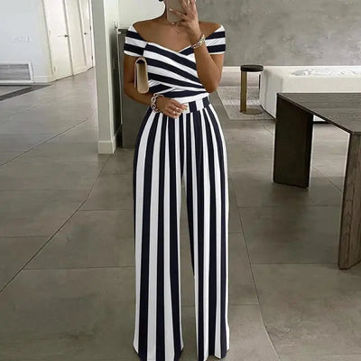 Women's Fashion Printed Casual High Waist Jumpsuit Ladies Sexy Off Shoulder Flower Short Sleeve Wide Leg Jumpsuit Woman Rompers