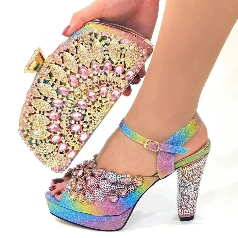 Embroidery Italian Design Pointed-Toe High-heeled Shoes and Bags Set for Women