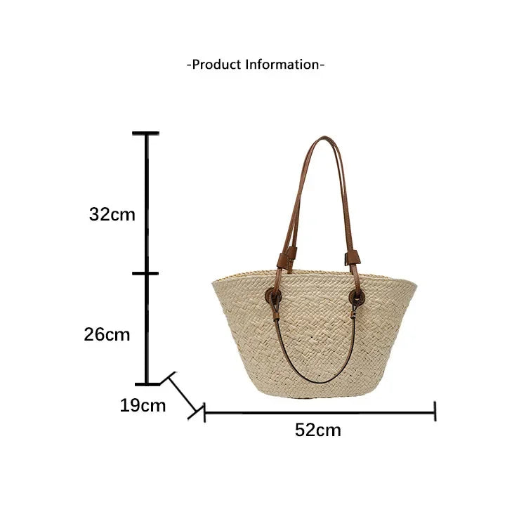 Designer Bohemian Chic Shoulder Bag,Solid Color Large Capacity Straw Woven Tote Bag,Nature-Inspired Beach Vacation Women Handbag