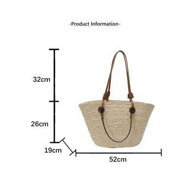 Designer Bohemian Chic Shoulder Bag,Solid Color Large Capacity Straw Woven Tote Bag,Nature-Inspired Beach Vacation Women Handbag