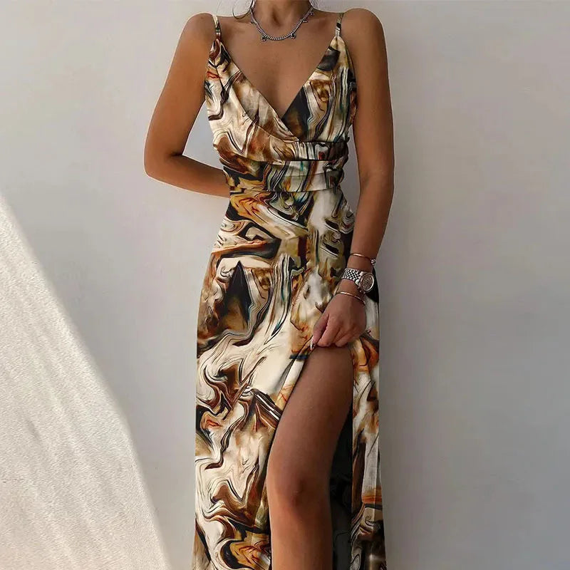 Summer Print Dresses For Women 2025 New Fashion Sexy Sleeveless Suspender V-neck Slit Print Slim Elegant Dress Beach Dresses Hot