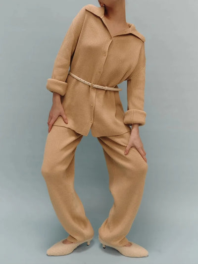 2025 Autumn Street Outfits Knitted Cardigan Pants Sets Women Single Breasted Lapel Sweater High Waist Wide Leg Trousers Suit