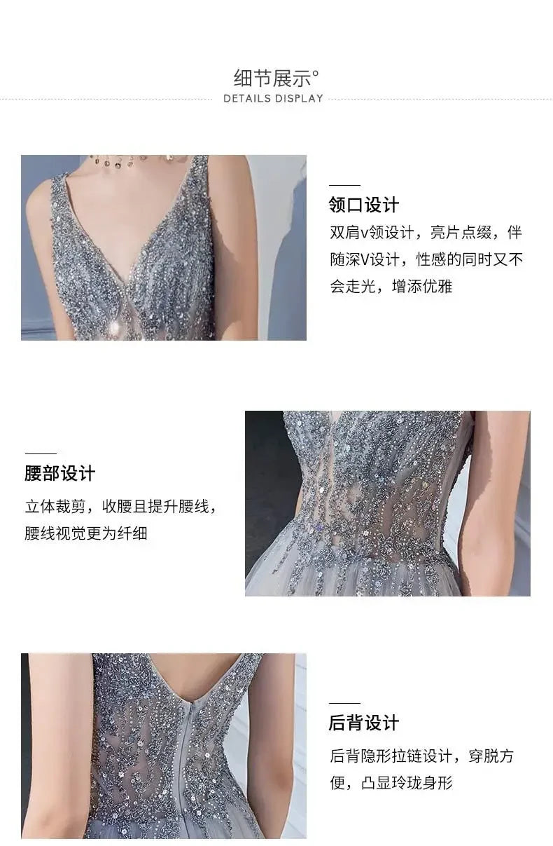 Women's Evening Dresses Sexy V-neck Luxury Formal Party Gown Backless Beads Sequins Tulle Side Split Banquet Evening Dress