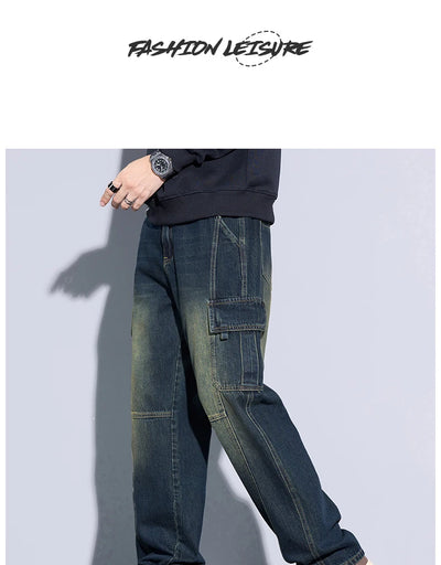 Men's 97% Cotton Straight Cargo Jeans Trendy Multi-pocket Nostalgic Loose Trousers Man American Vintage Fashion Denim Pants