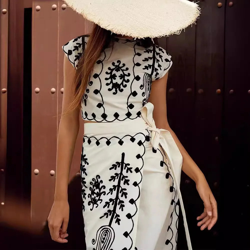 Cotton Linen Print Top Skirt Two Piece Set Women Shoulder Padded Sleeveless Crop Top Lace Up Skirt Suit Lady Summer Beach Outfit
