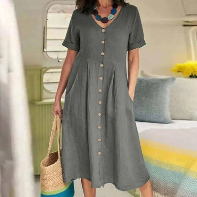 Women's Summer Casual Cotton Linen Midi Dress White  Loose Elegant Green Dresses Vestidos Платье С Декольте Jupe Longue Femme