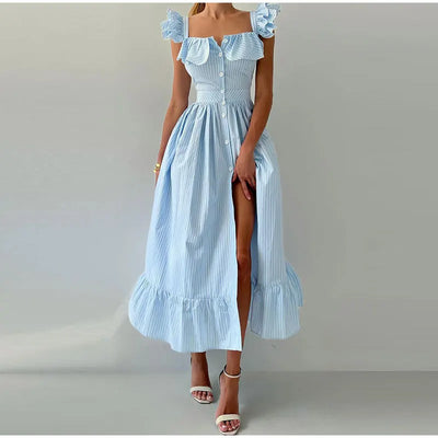 Ruffle Dress Women Fashion Backless A Line Slim Waist Striped Robe Female Flying Sleeves Buttons 2025 Summer Elegant Streetwear