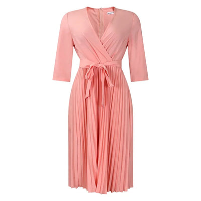 Elegant Office Dresses for Women Professional V Neck Full Sleeve Sashes Pleated Mid Calf Formal Business Work Wear Dress Midi OL