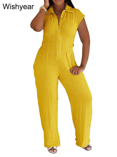 Women Casual Ribbing Loose Straight Jumpsuit Sleeveless Button High Waist One Pieces Wide Leg Rompers Summer Streetwear Overalls