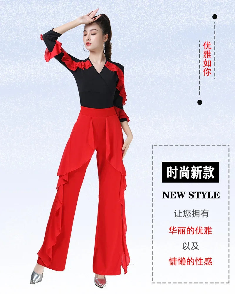 Women Dance Wear Latin V Neck Tops Line Dance Costume New Product Long Sleeve Ballroom Waltz Professional Competition Samba Tops