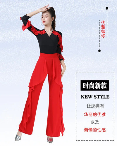 Women Dance Wear Latin V Neck Tops Line Dance Costume New Product Long Sleeve Ballroom Waltz Professional Competition Samba Tops