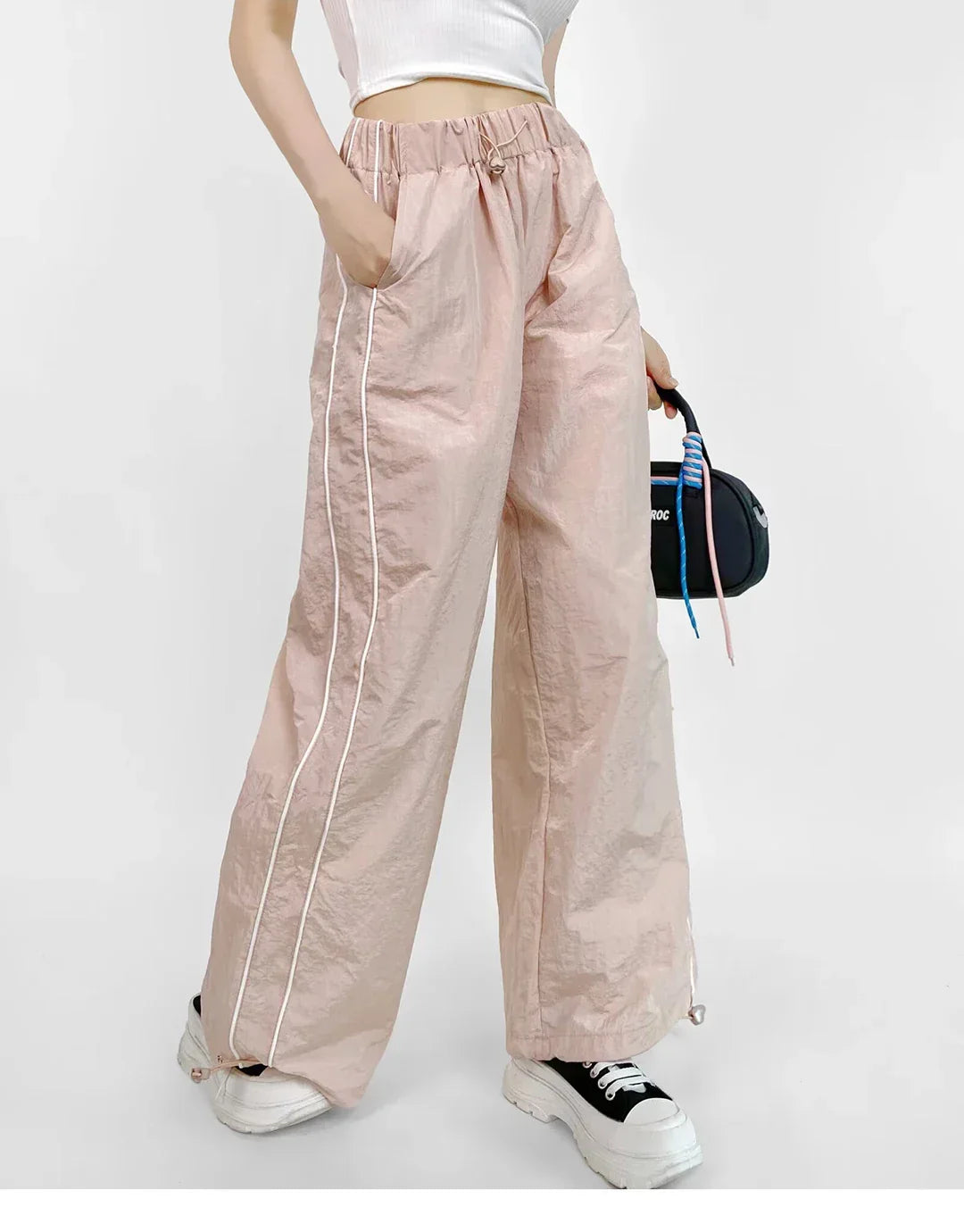 Women's Wide-Leg Joggers Adjustable Ankle Cuffs Side Stripes Drawstring Waist Lightweight Streetwear