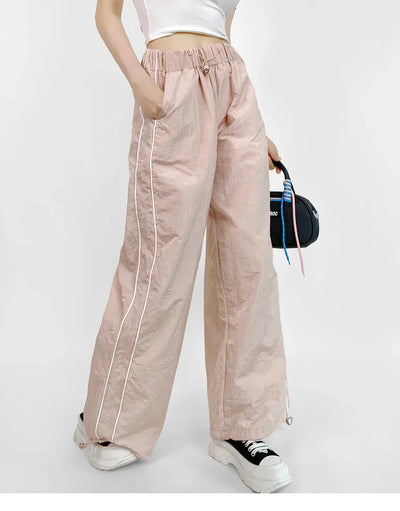 Women's Wide-Leg Joggers Adjustable Ankle Cuffs Side Stripes Drawstring Waist Lightweight Streetwear