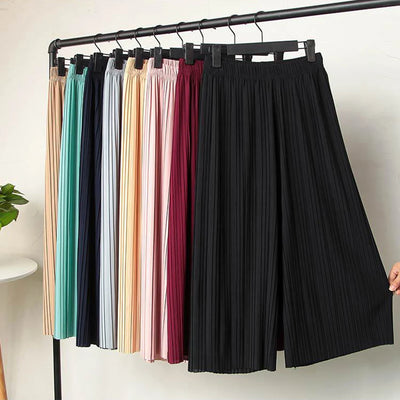 Women's Pants Wide Leg Pants Crinkle Plain Trousers Baggy Elastic Waist Bottoms Woman Clothes pantalones ropa para mujer 바지