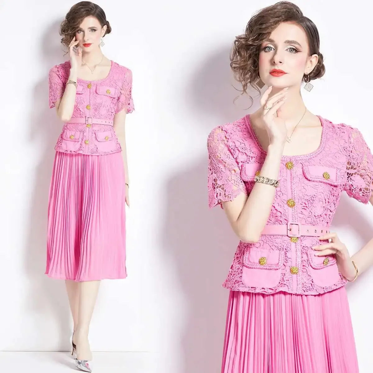Luxury Evening Dress Women Summer Vacation Short Sleeve Pleated Lace Chiffon Long Dresses White Single Breasted Midi Party Robe