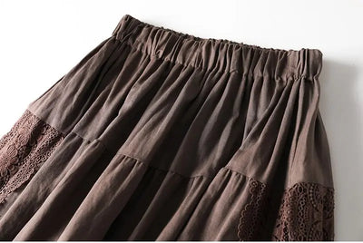 Vintage Chic Embroidery Linen Cotton Long Skirts Women Summer Elastic High Waist Pleated Maxi Skirt Female Elegant A-Line Skirt