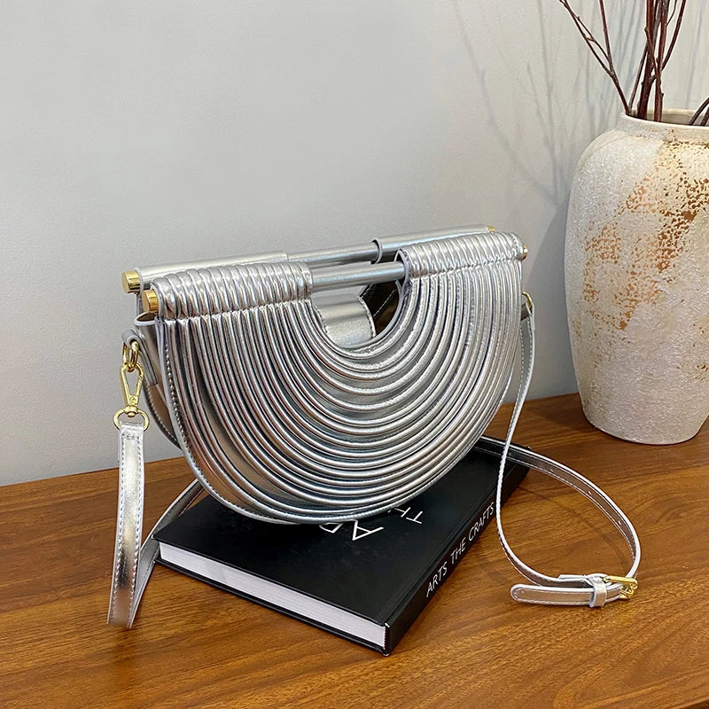 Handbags for Women 2025 New Gold Luxury Designer Brand Handwoven Noodle Bags Rope Knotted Pulled Half Moon Silver Evening Clutch