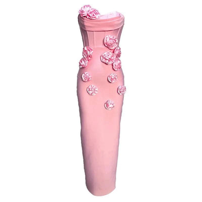 Pink Red Color Women Sexy Strapless Off the Shoulder Florals Bodycon Long Bandage Dress Celebrate Fashion Evening Party Outfit