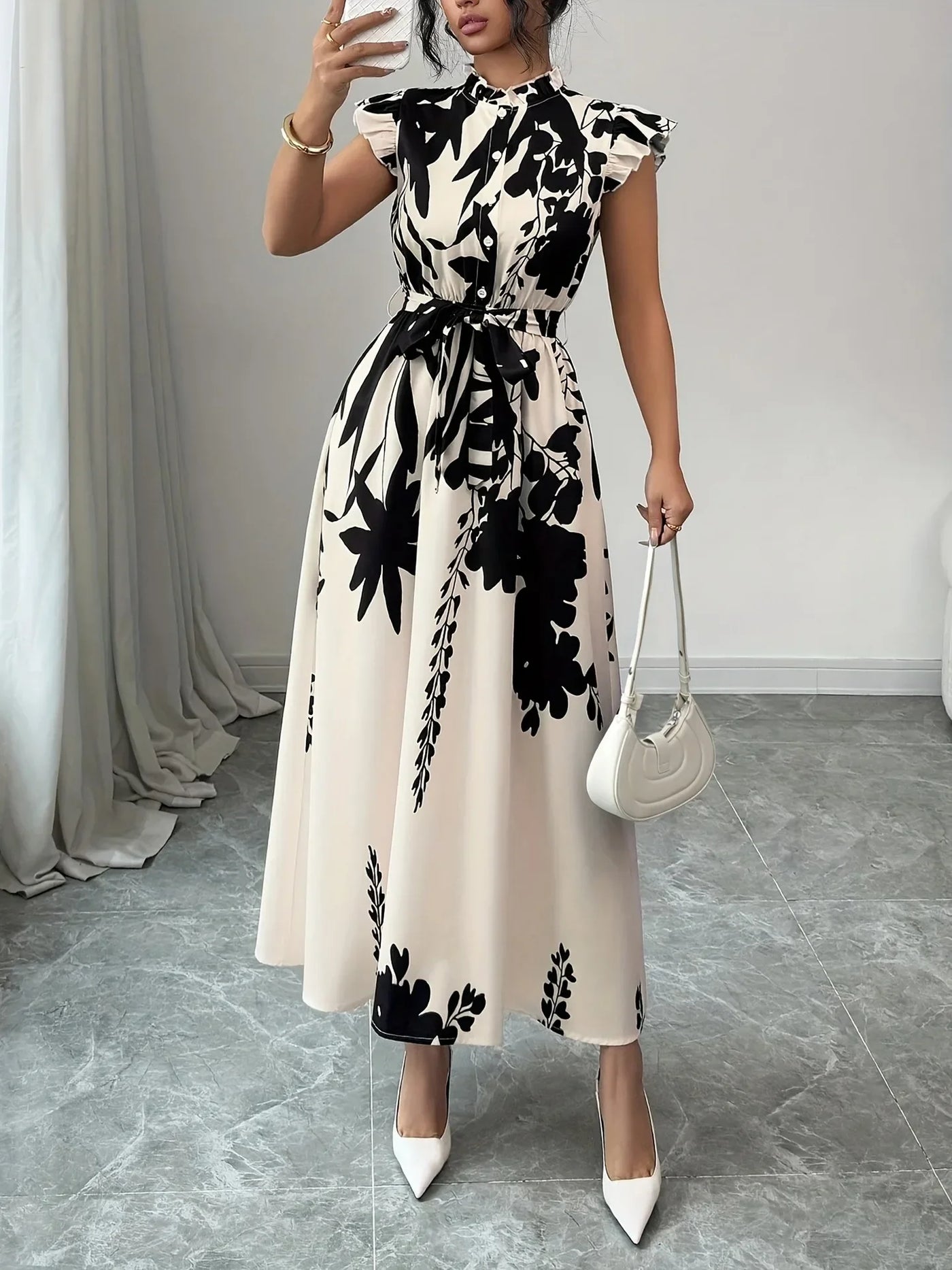 Summer Dress Women Flower Floral Print Fashion Elegant Ladies Dresses Slim High Waist Ruffle Pleated Woman Dress