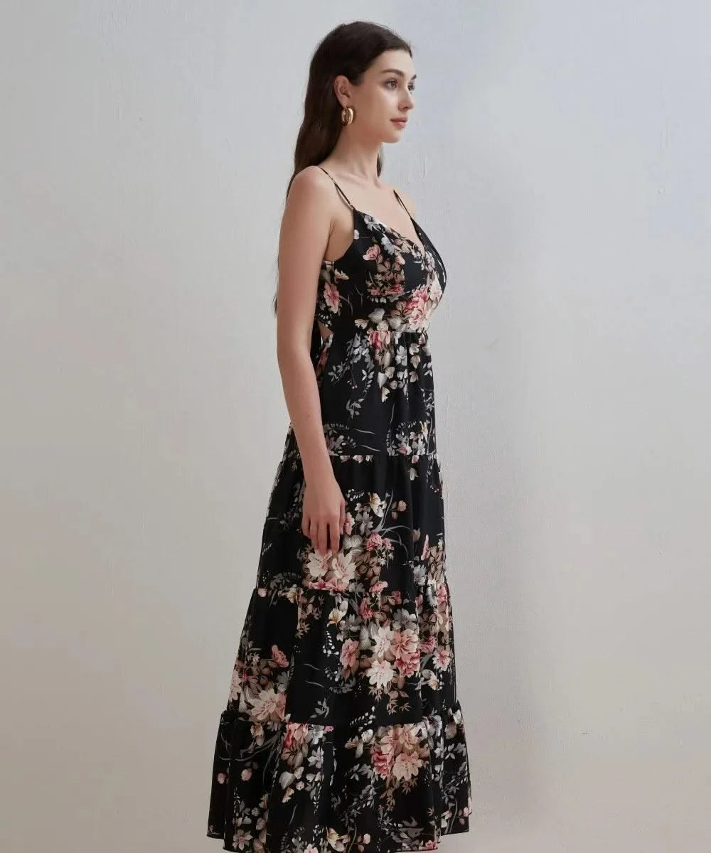 Women's Summer Black Floral V Neck Sleeveless Backless Halter Dress Fashion Elegant Sexy Bow Tie Black Backless Party Dresses