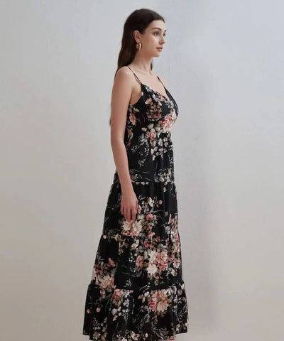 Women's Summer Black Floral V Neck Sleeveless Backless Halter Dress Fashion Elegant Sexy Bow Tie Black Backless Party Dresses
